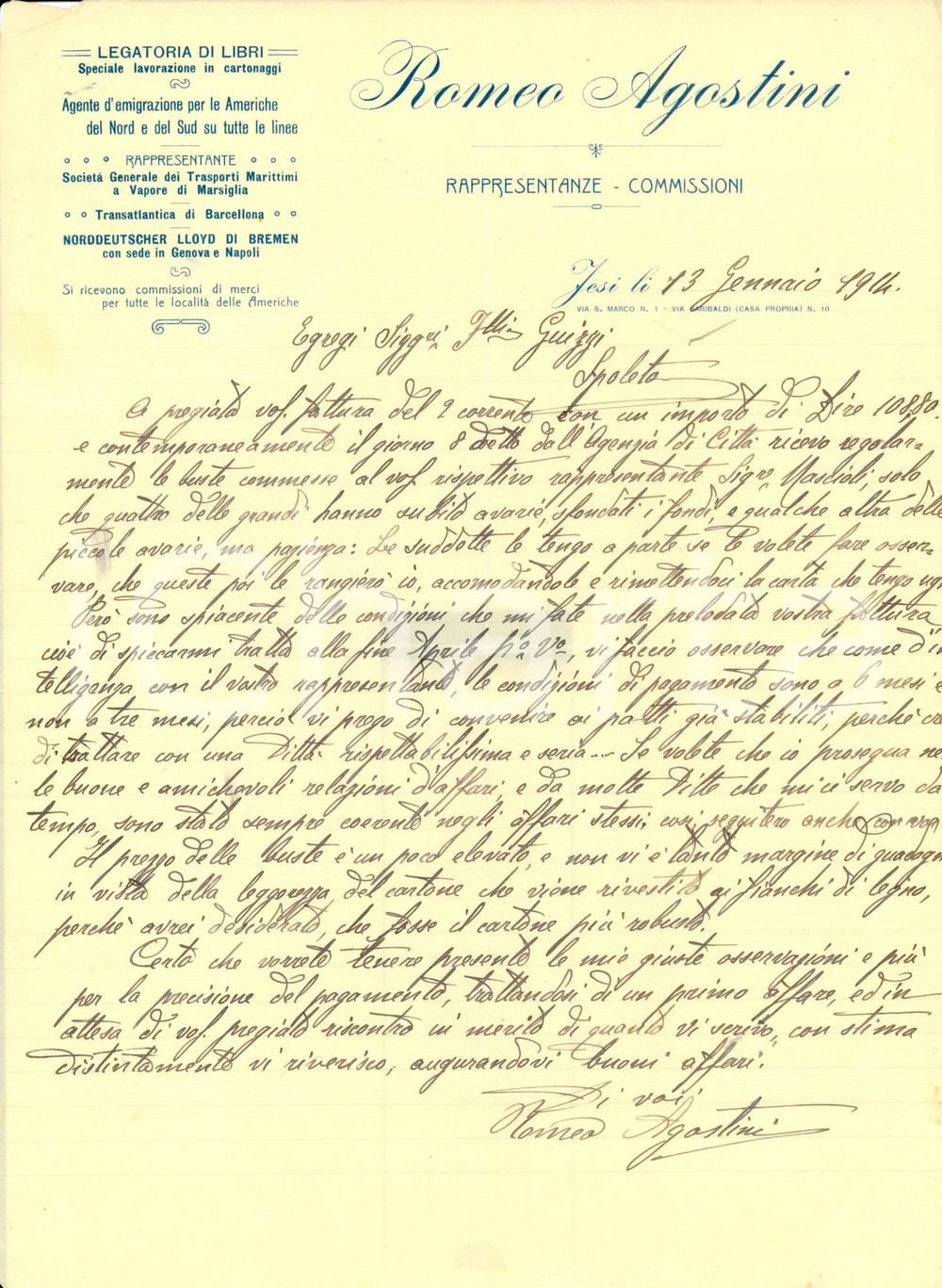 Manoscritto, lettera originale 1914 JESI AN Romeo AGOSTINI legatoria di libri lamenta buste rotte Lettera 1