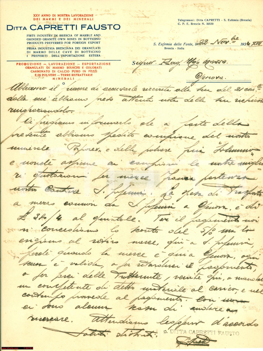 Manoscritto, lettera originale 1934 SANT'EUFEMIA DELLA FONTE BS Ditta Fausto CAPRETTI 1