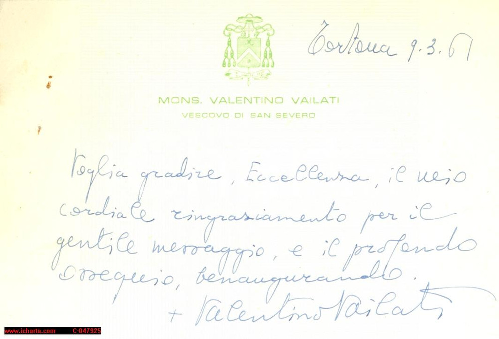 Autografo originale 1961 TORTONA Autografo vescovo Valentino VAILATI 1