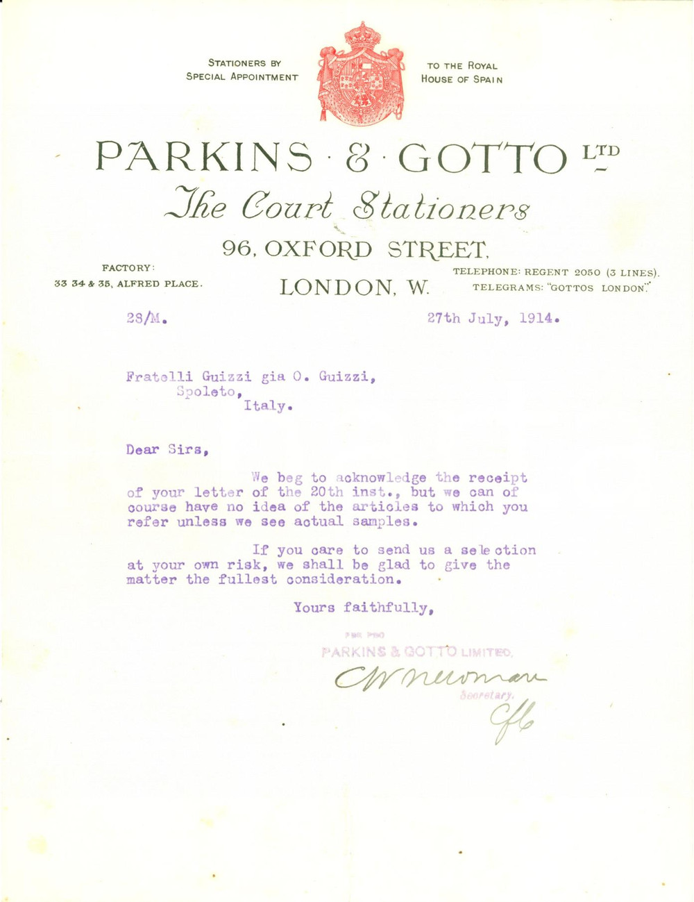 Manoscritto, lettera originale 1914 LONDON UK Court Stationers PARKINS & GOTTO Cartolai di Corte Lettera 1