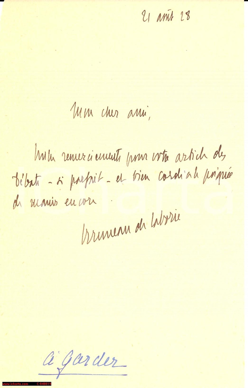 Autografo originale 1928 BRUNEAU DE LABORIE ringrazia per un articolo 1