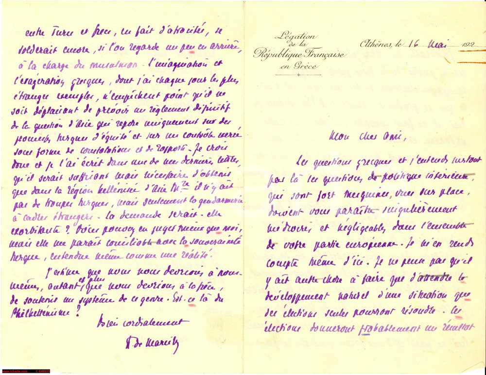 Autografo originale 1920 Lettera diplomat.questione Franco-Turca-Greca 1