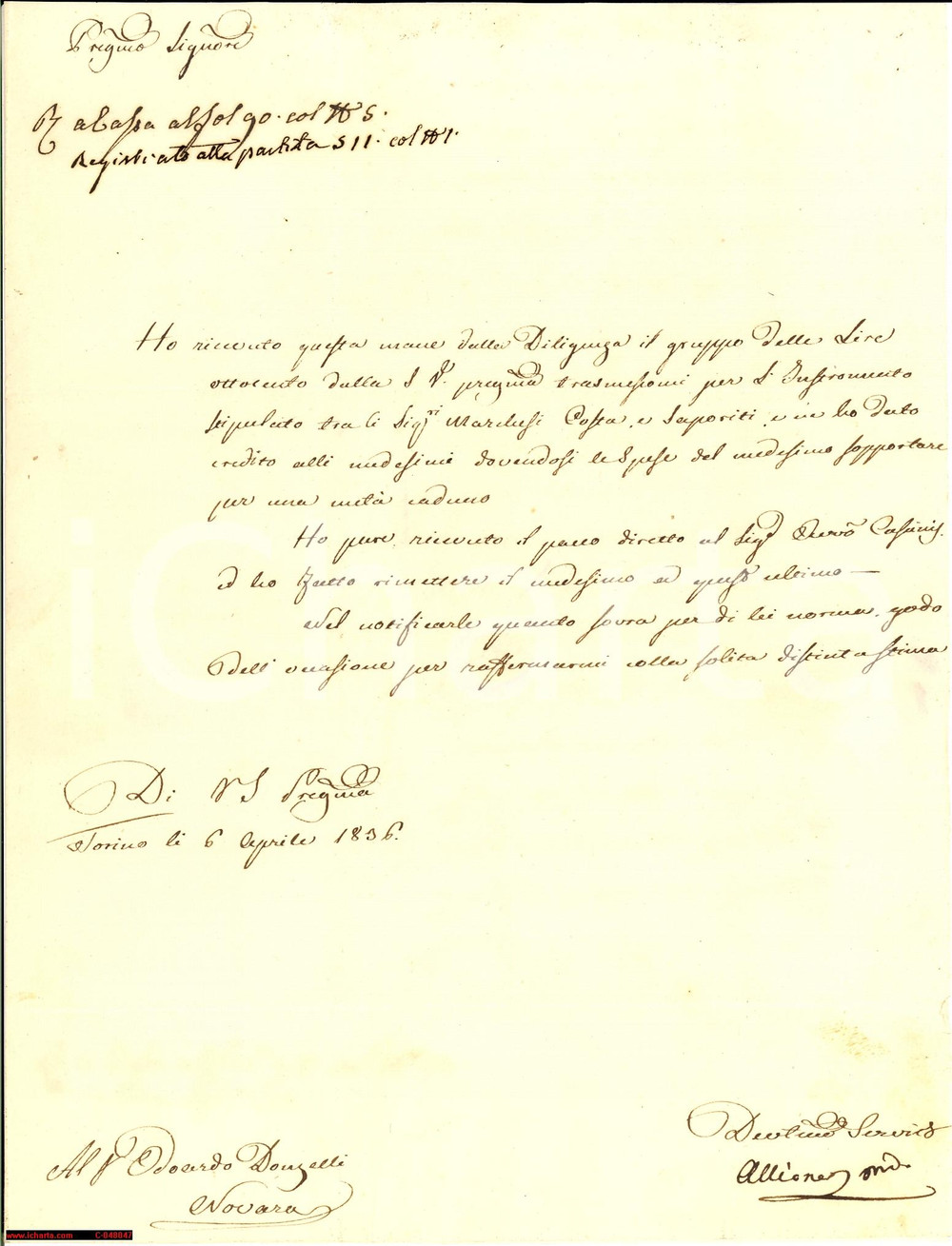 Manoscritto, lettera originale 1836 TORINO Spese legali marchesi COSTA e SAPORITI 1