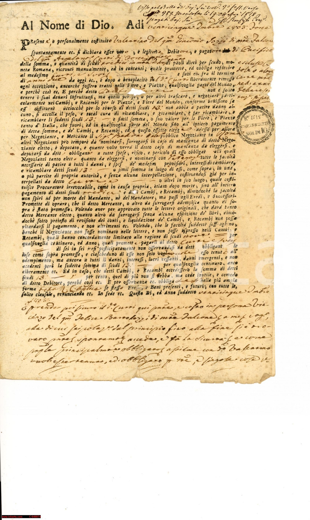 Documento originale, autentico 1803 MONTALTO DI CASTRO (VT) debito cambiavalute CURTI 1