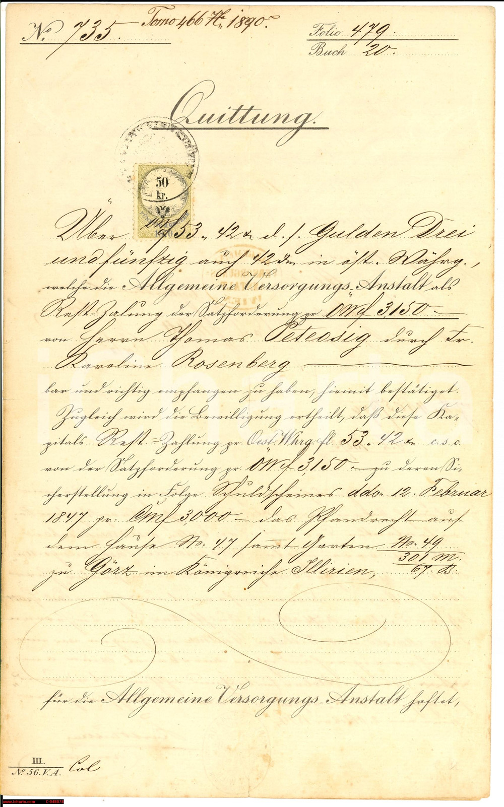 Documento originale, autentico 1874 IMPERO AUSTRO UNGARICO Quietanza incasso premio polizza assicurativa 1