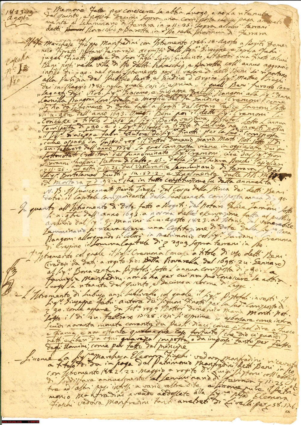 Documento originale, autentico 1823 RO FERRARESE diritti MANFREDINI Seminario FERRARA 1