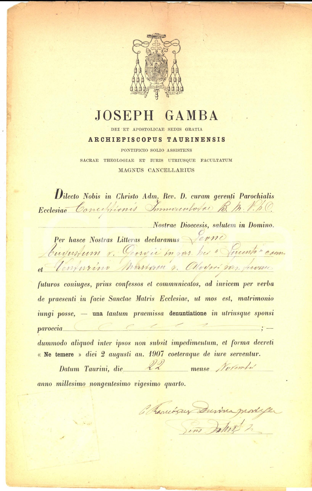 Documento originale, autentico 1924 TORINO Matrimonio Augusto LEONE - Maria VENTURINO *Mons. Giuseppe GAMBA 1