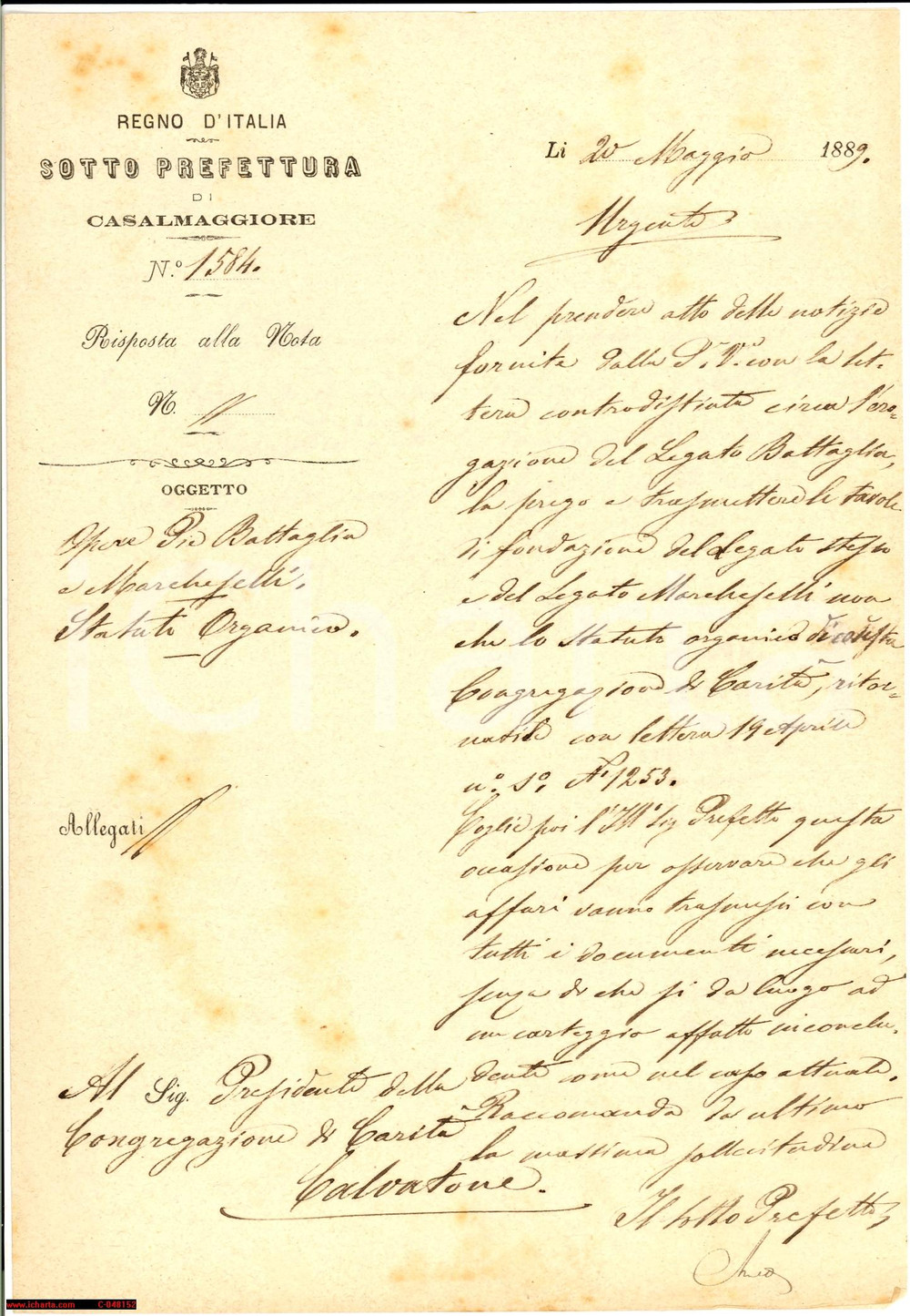 Documento originale, autentico 1889 CASALMAGGIORE (CR) opere pie BATTAGLIA MARCHESELLI 1