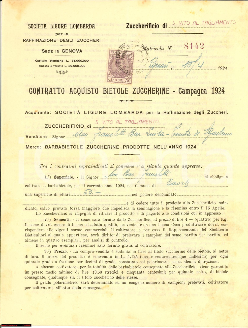 Documento originale, autentico 1924 PORTOGRUARO VE vendita bietole baroni FRANCHETTI 1