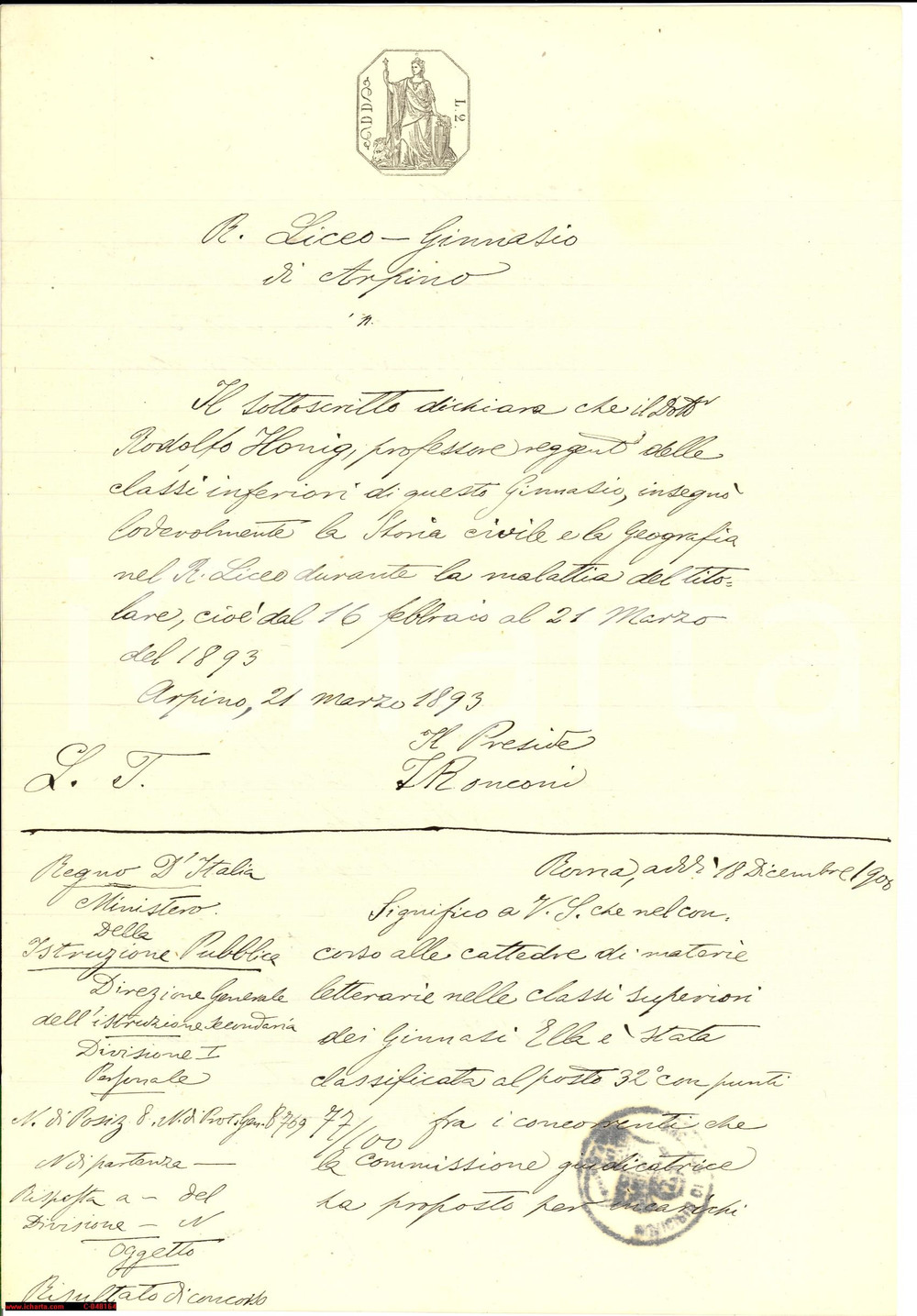 Documento originale, autentico 1893 ARPINO (FR) Rodolfo HONIG valido professore storia 1