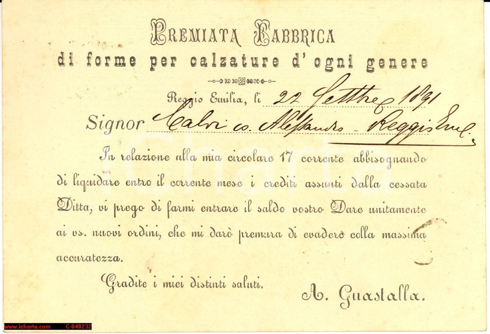 Oggetto da collezione cartaceo 1891 REGGIO EMILIA nuova Fabbrica Calzature GUASTALLA 1