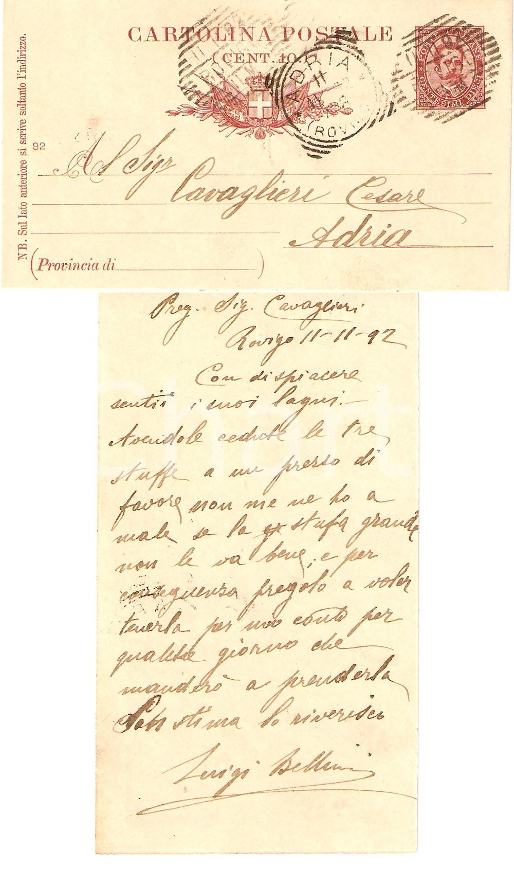 Cartolina originale da collezione 1892 ROVIGO Luigi BELLENI vende in Adria tre stufe malfunzionanti Cartolina 1
