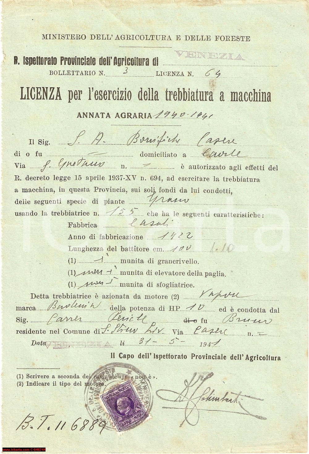 Documento originale, autentico 1941 CAORLE (VE) Licenza per trebbiatura a macchina 1