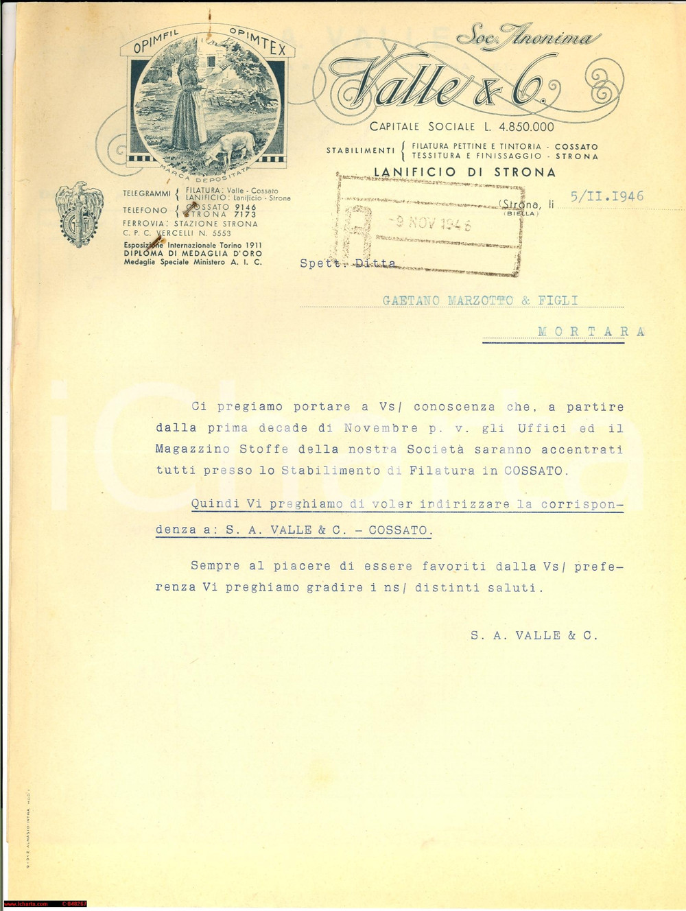 Materiale pubblicitario d’epoca 1946 STRONA BI Lettera Lanificio VALLE Gaetano MARZOTTO 1
