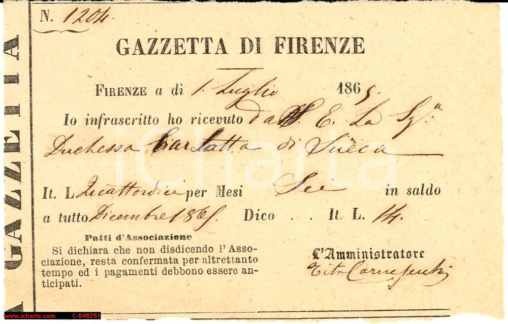 Documento originale, autentico 1865 GAZZETTA DI FIRENZE Abbonamento Carlotta di SUECA 1