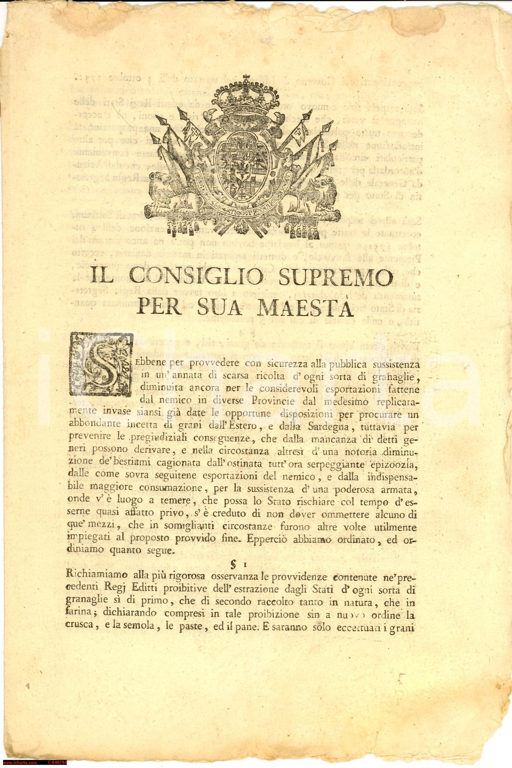 Documento originale, autentico 1800 TORINO Regio Editto   prevenzione della carestia 1