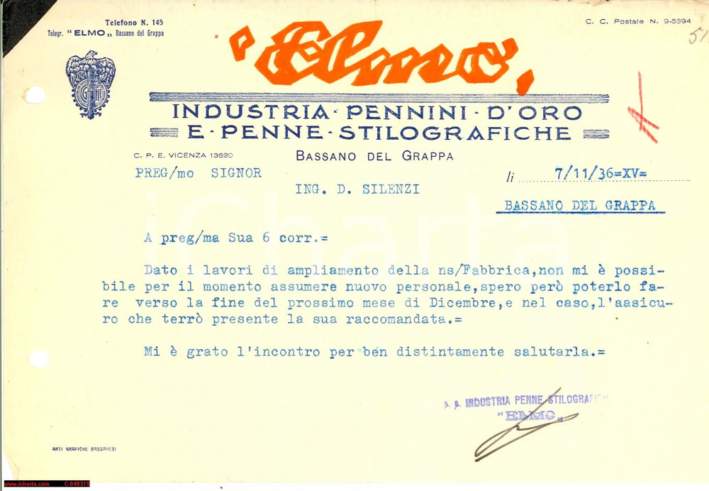 Documento originale, autentico 1936 BASSANO DEL GRAPPA (VI) Ditta ELMO non assume 1