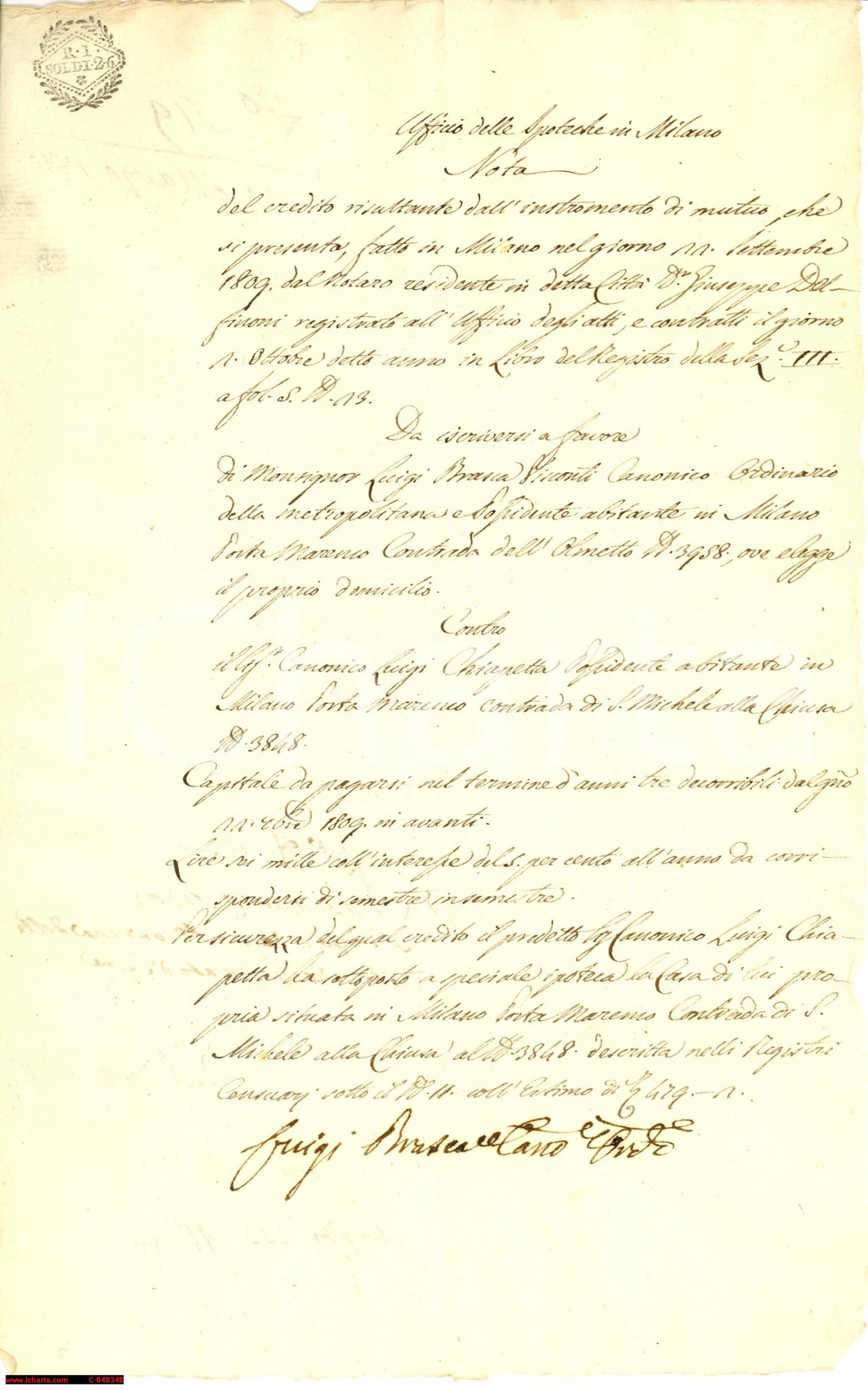 Documento originale, autentico 1810 MILANO Crediti di mons. Luigi BRASCA VISCONTI 1
