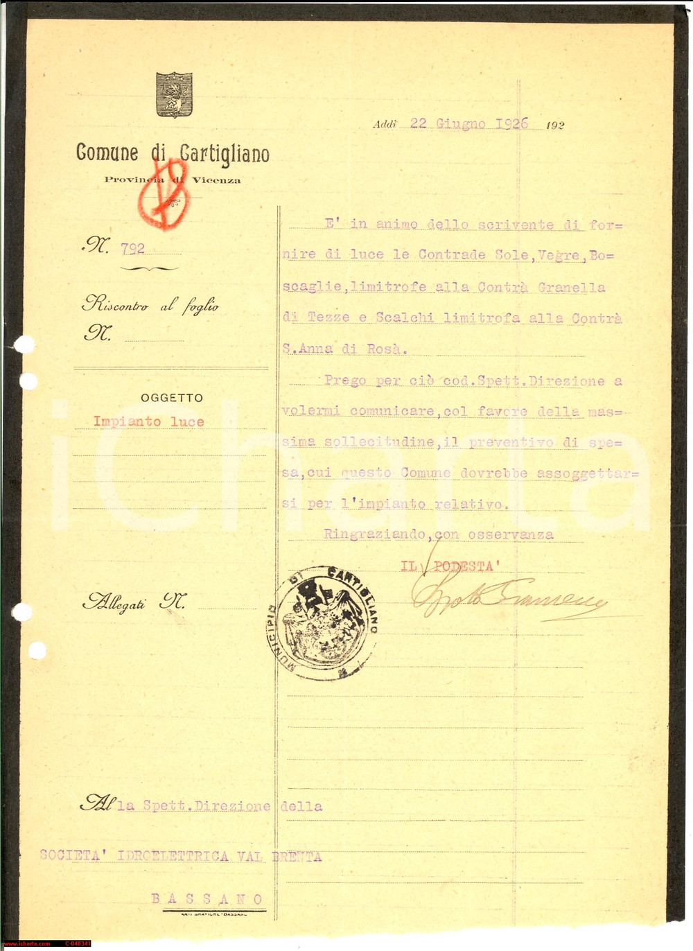 Documento originale, autentico 1926 CARTIGLIANO (VI) Luce pubblica nelle frazioni 1