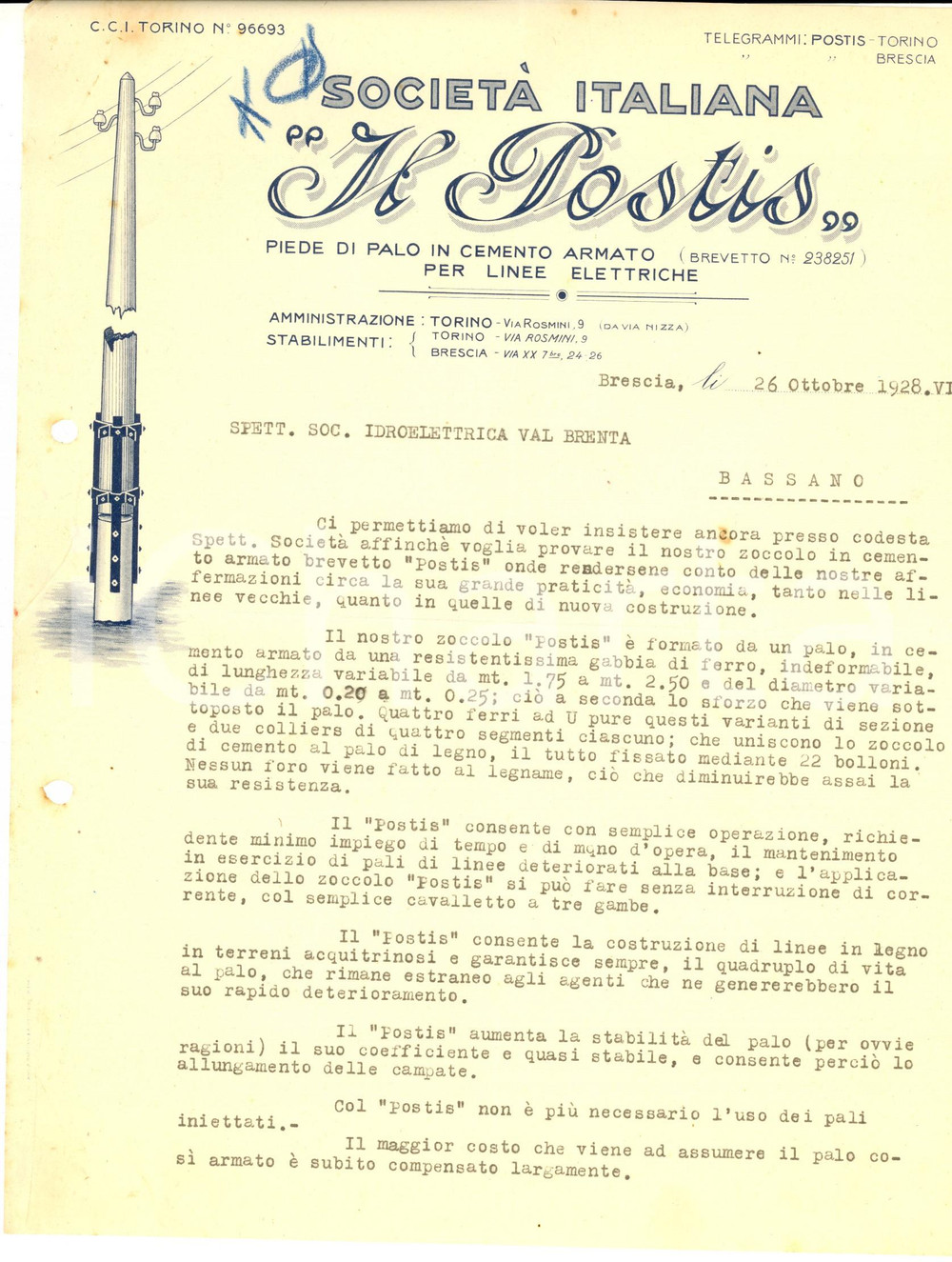 Documento originale, autentico 1928 BRESCIA SocietÃ  IL POSTIS - Lettera commerciale zoccolo in cemento armato 1
