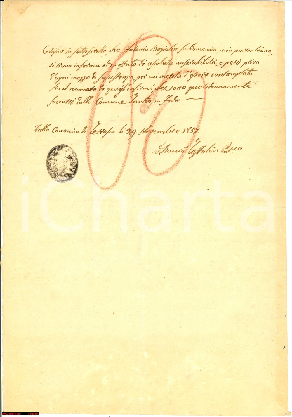 Documento originale, autentico 1857 TERRASSA PADOVANA (PD) Antonia BEGIOLIN inferma 1