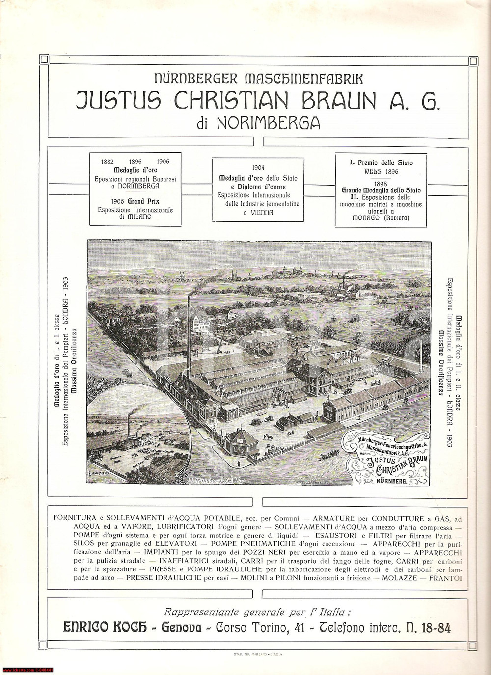 Materiale pubblicitario d’epoca 1910 ca GENOVA Enrico KOCH macchinari BRAUN NURNBERG 1