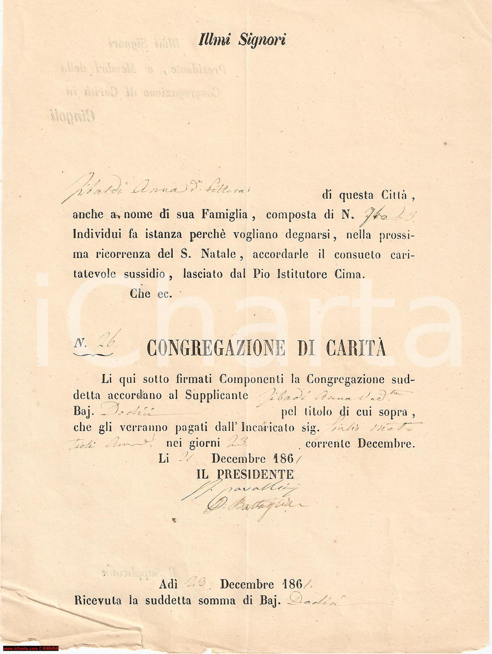Documento originale, autentico 1861 CINGOLI (MC) Sussidio Anna TIBALDI Lascito CIMA 1