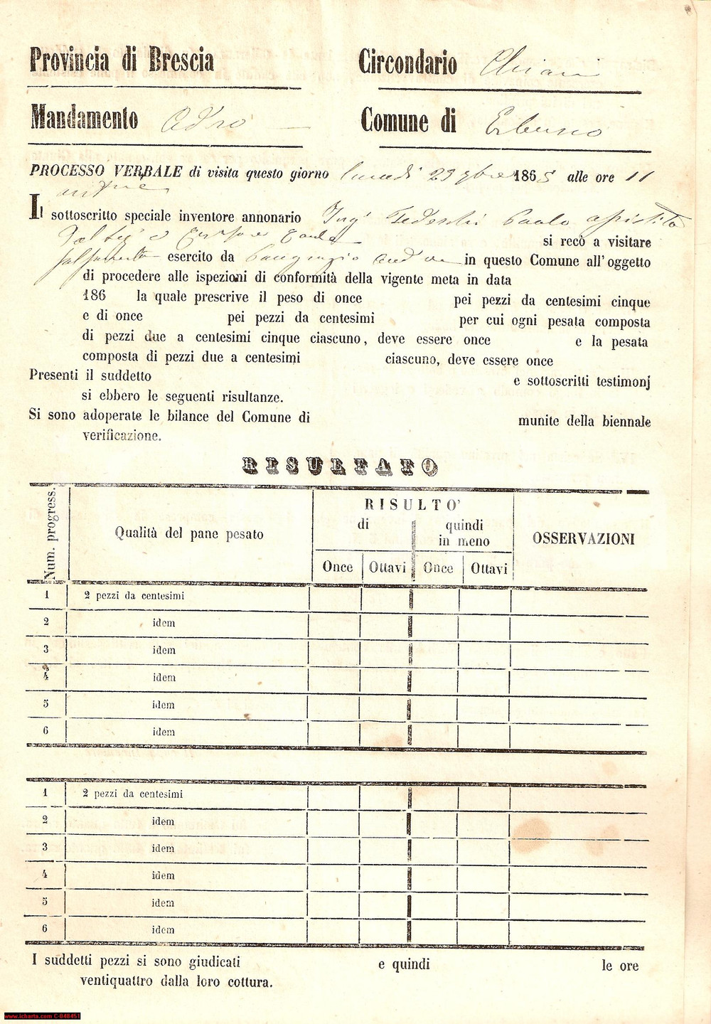 Documento originale, autentico 1865 ERBUSCO BS Ispezione peso del pane Paolo TEDESCHI 1