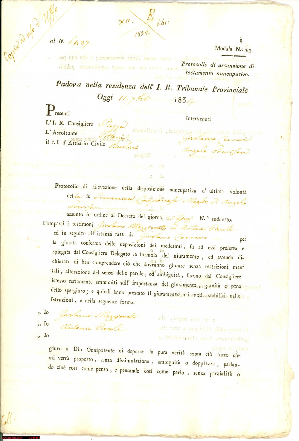 Documento originale, autentico 1834 ABANO TERME (PD) Testimoni su Domenica CARPANESE 1