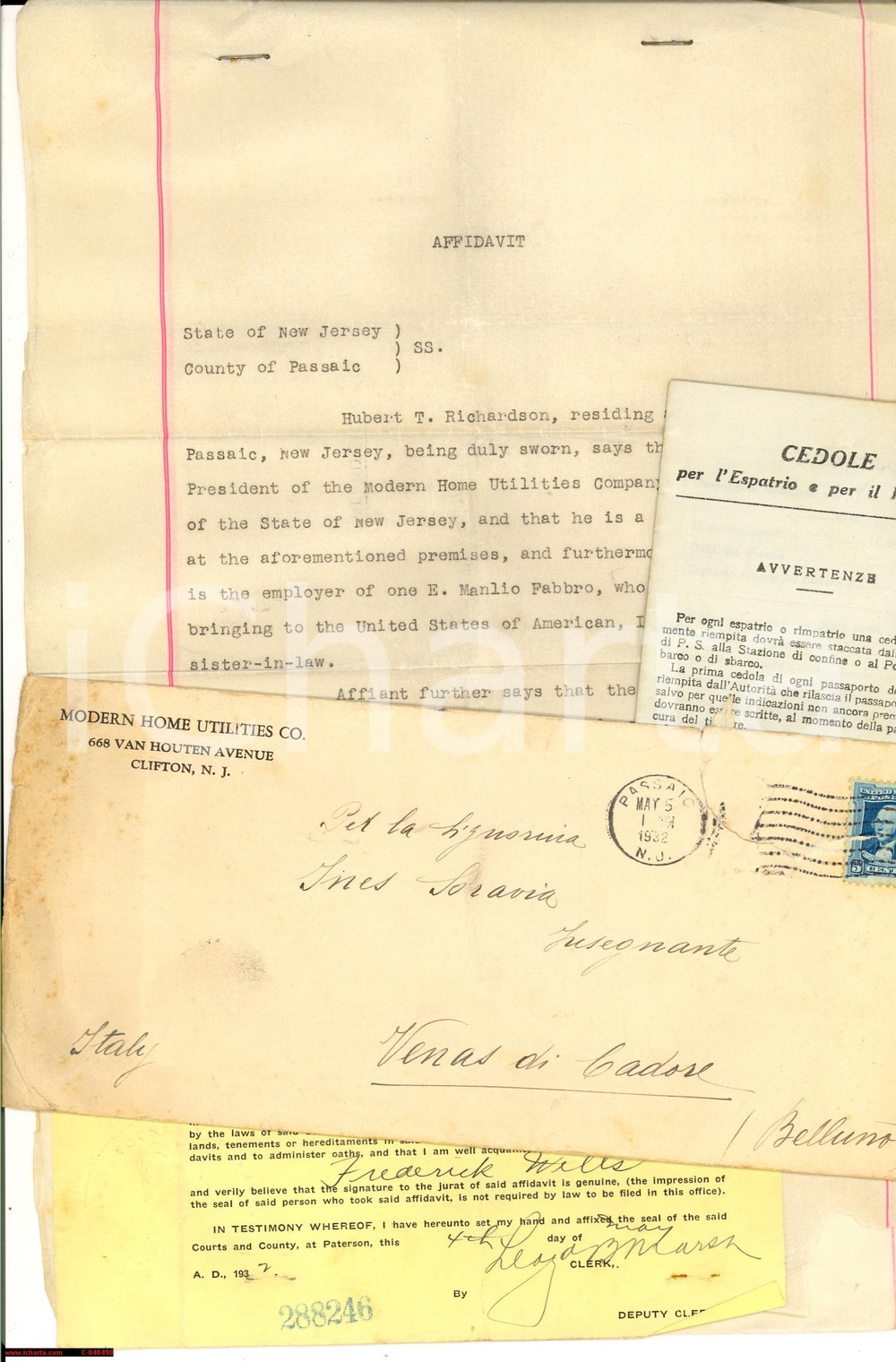 Documento originale, autentico 1932 CLIFTON USA Espatrio Ines SORAVIA Autografo Hubert T. RICHARDSON 1