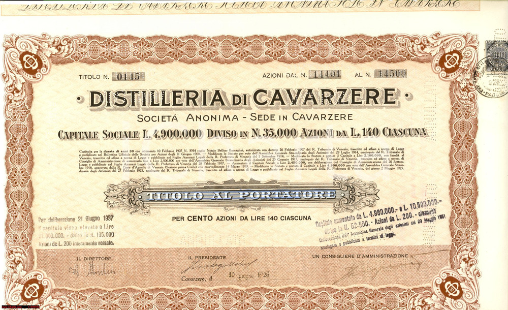 Oggetto da collezione cartaceo 1926 CAVARZERE VE Certificato azionario DISTILLERIA Con annullo 1