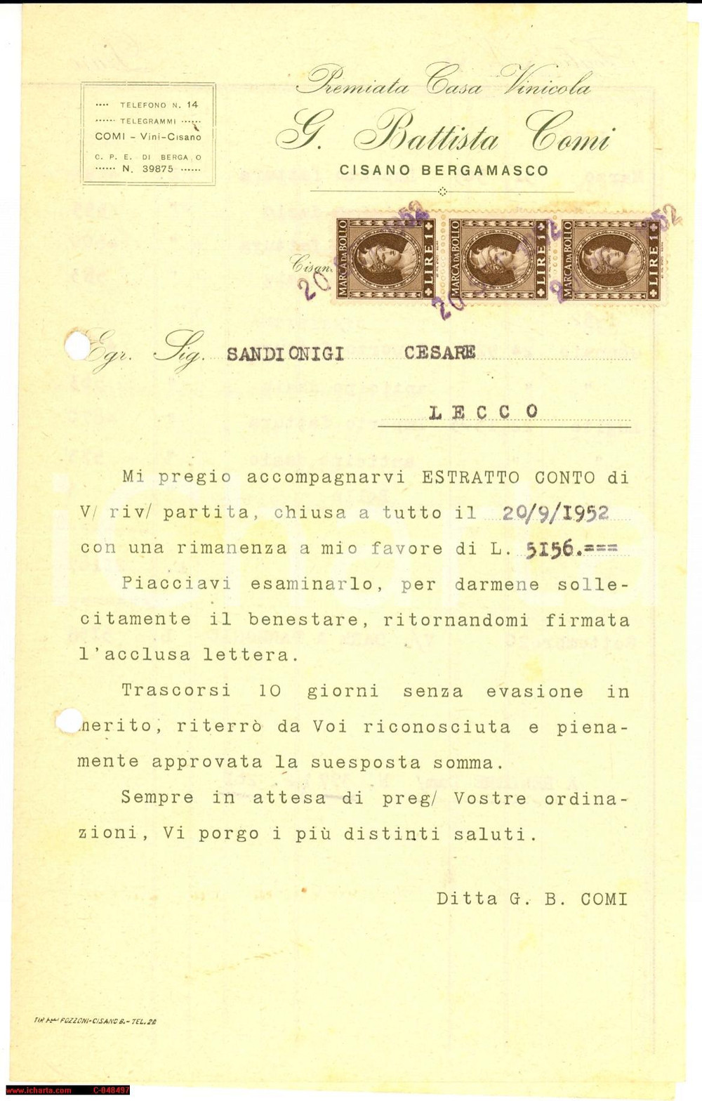 Documento originale, autentico 1952 CISANO BERGAMASCO BG Casa vinicola Battista COMI 1