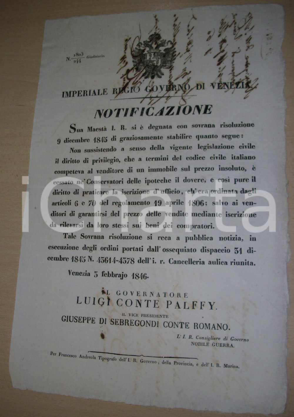 Documento originale, autentico 1846 VENEZIA LibertÃ  per Conservatori delle ipoteche 1