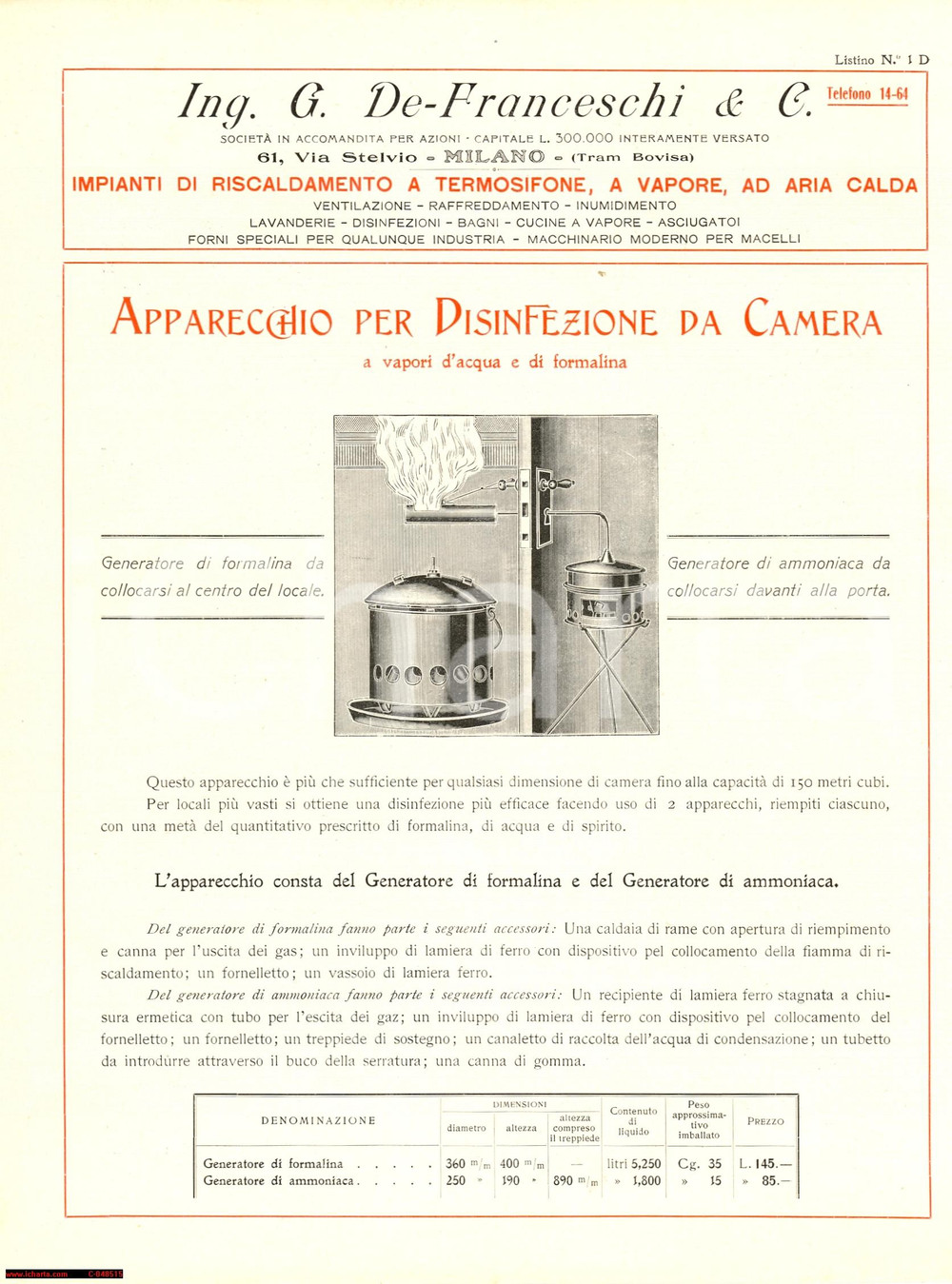 Materiale pubblicitario d’epoca 1930 MILANO Ing. DE FRANCESCHI Apparecchio disinfezione 1