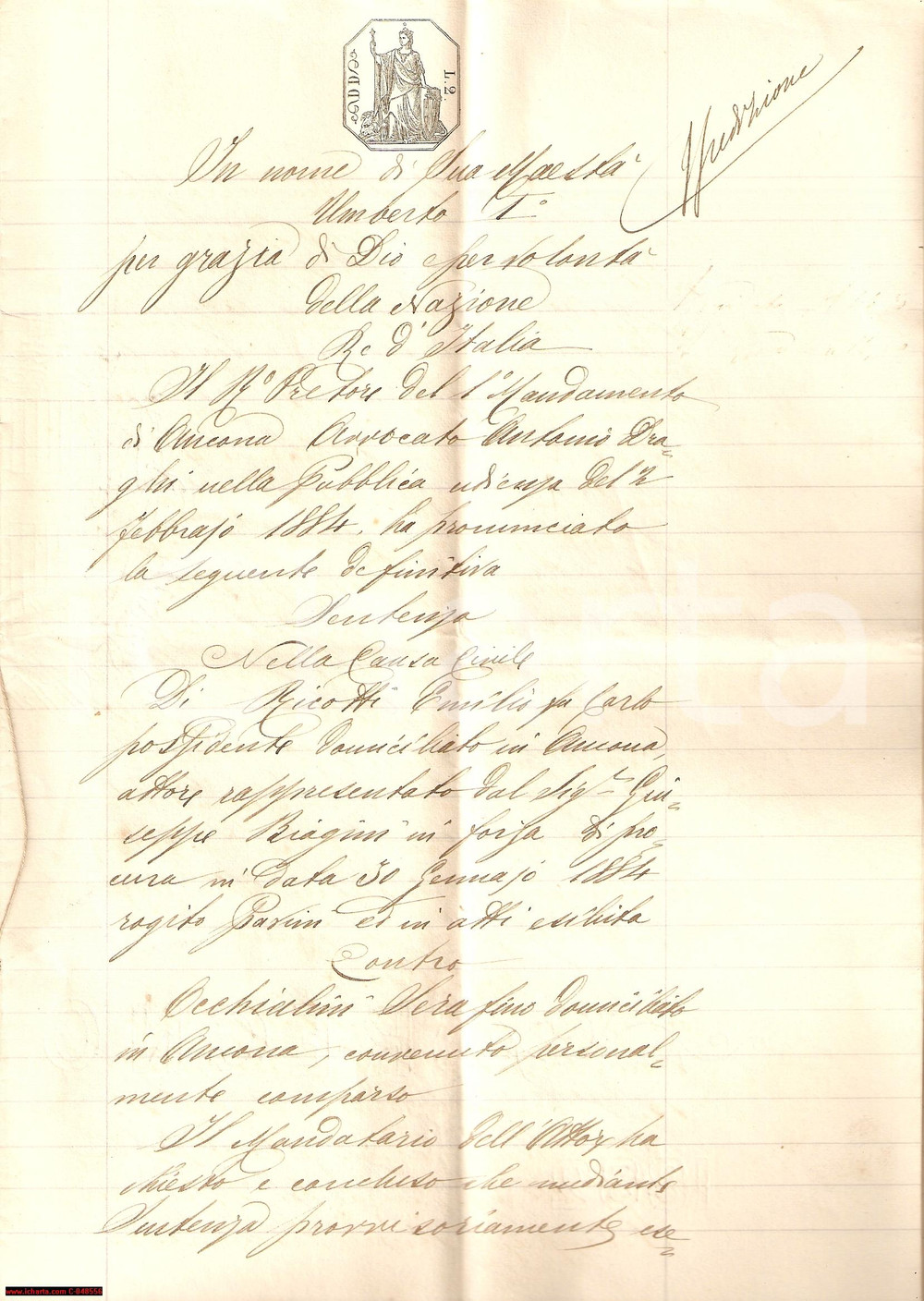 Documento originale, autentico 1884 ANCONA Emilio RICOTTI sfratta Serafino OCCHIALINI 1