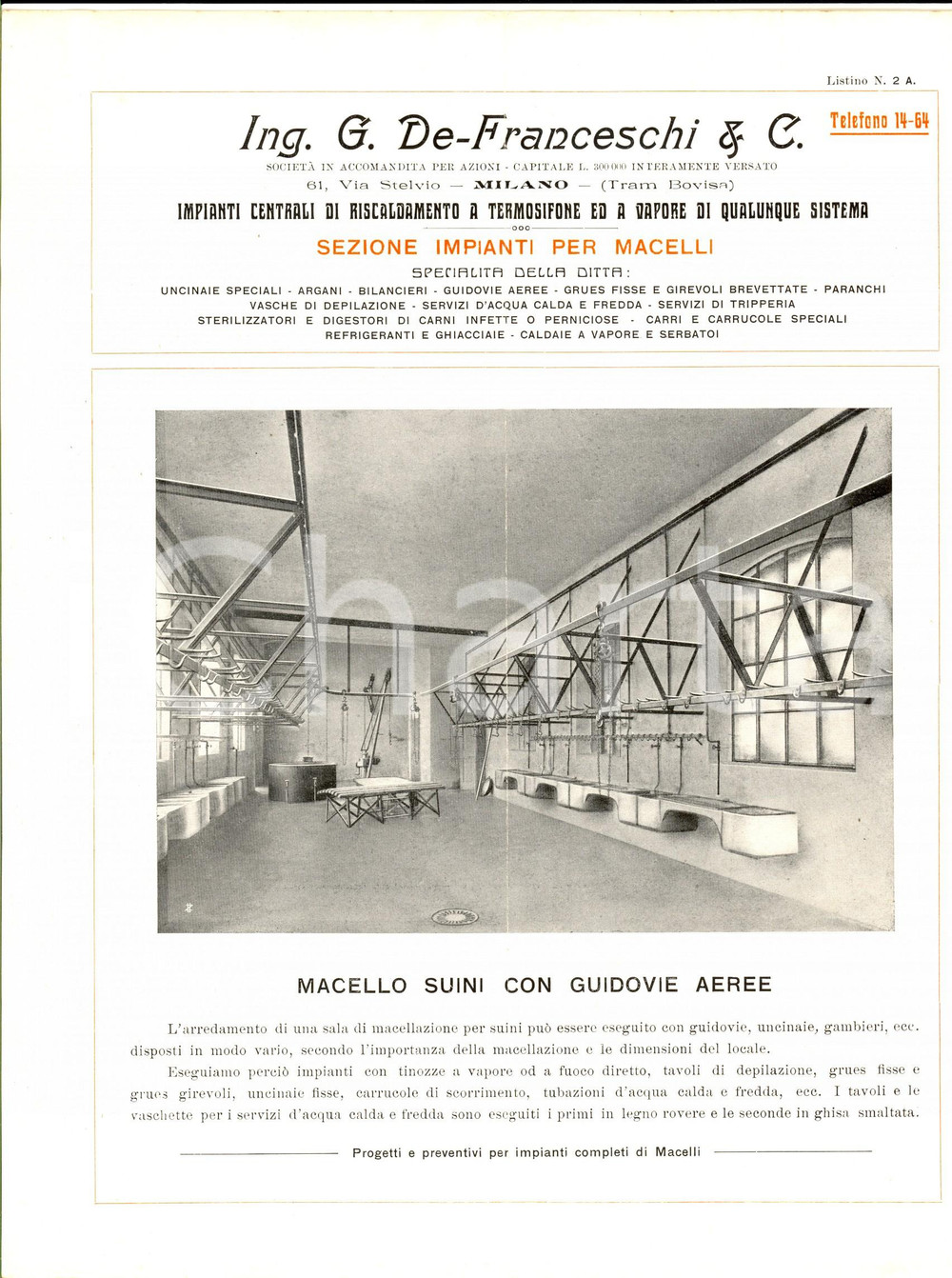 Materiale pubblicitario d’epoca 1930 MILANO Ing. DE FRANCESCHI Macello suini con guidovia Pubblicitario 1