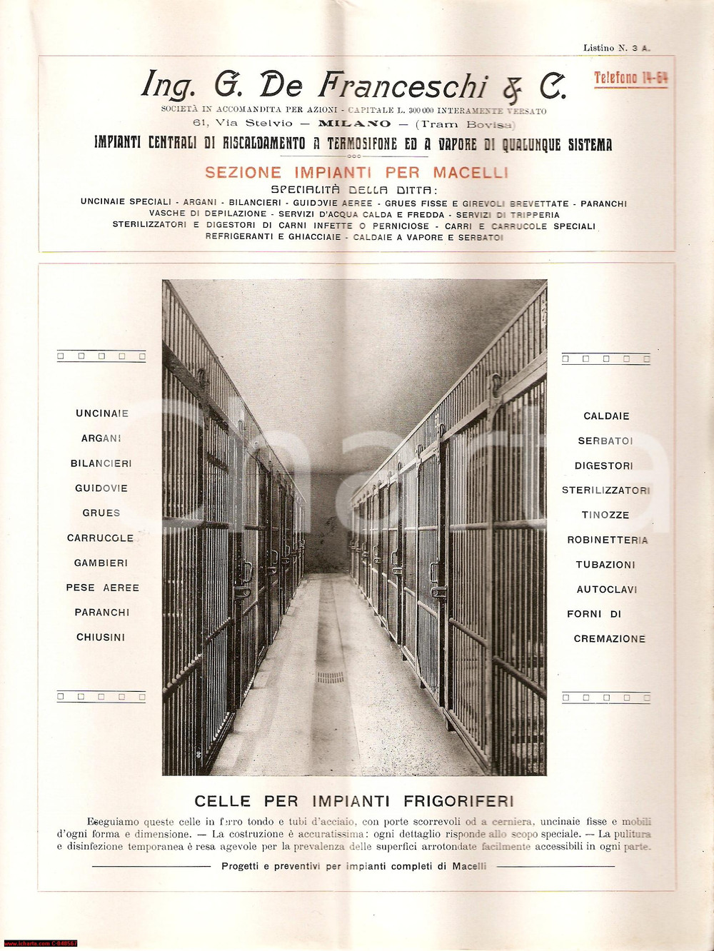 Materiale pubblicitario d’epoca 1930 ca MILANO Ing. DE FRANCESCHI Celle per impianti frigoriferi Pubblicitario 1