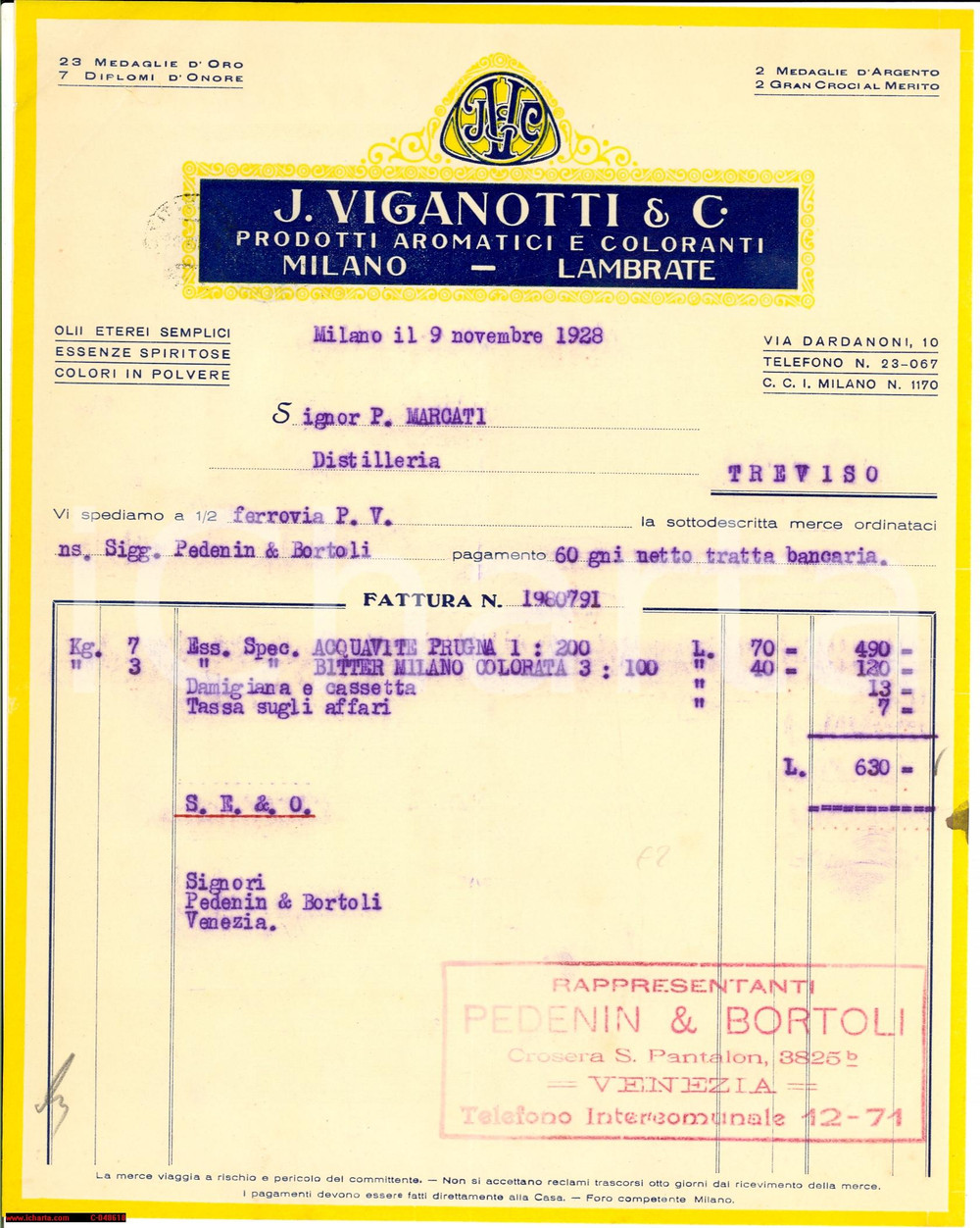 Documento originale, autentico 1928 MILANO LAMBRATE Aromatici e coloranti J. VIGANOTTI 1