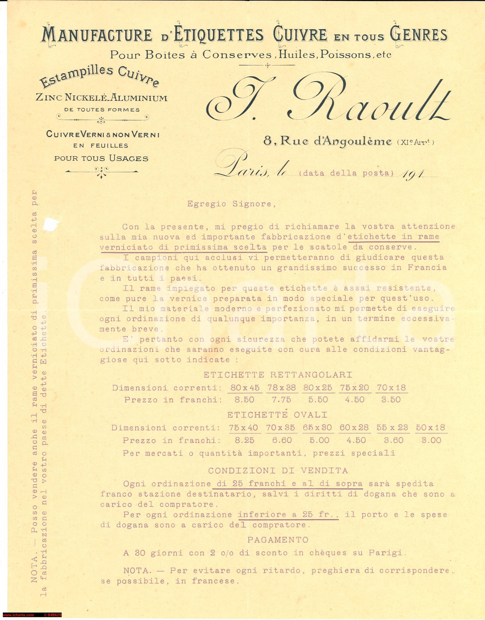 Documento originale, autentico 1910 PARIS Etiquettes cuivres boites Ã  conserve RAOULT 1