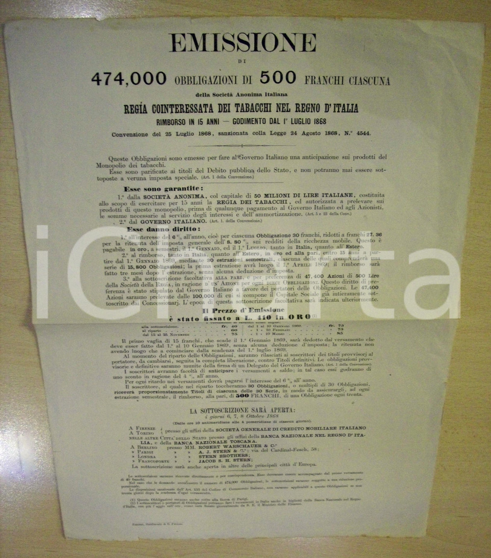 Documento originale, autentico 1868 FIRENZE Obbligazioni Regia dei TABACCHI Manifesto 1