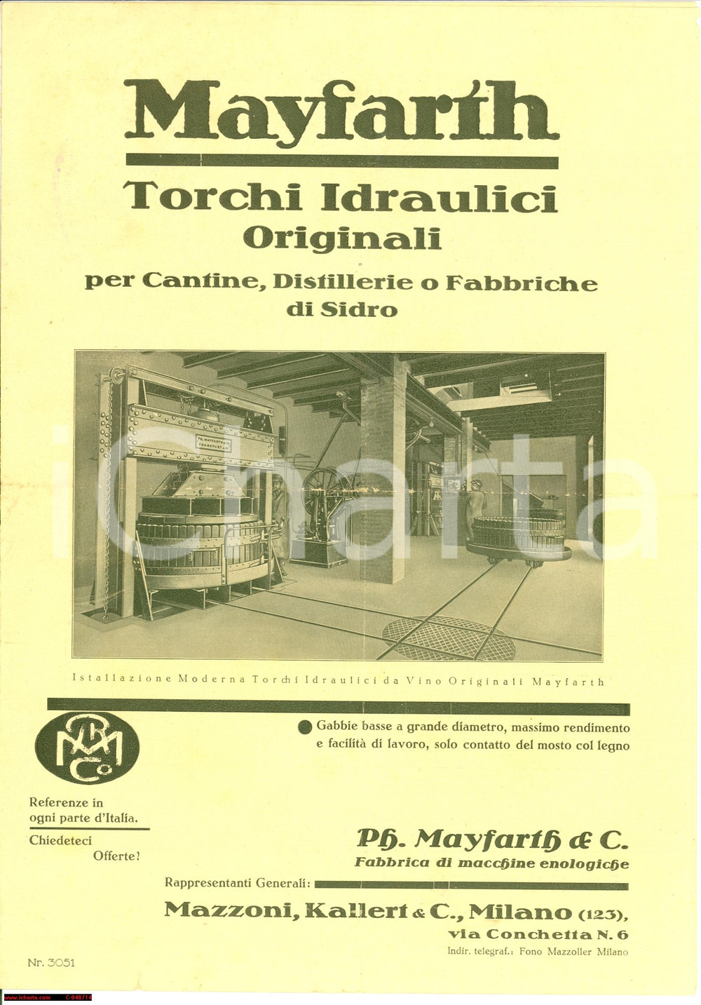 Materiale pubblicitario d’epoca 1930 ca MILANO Torchi idraulici per cantine MAYFARTH 1
