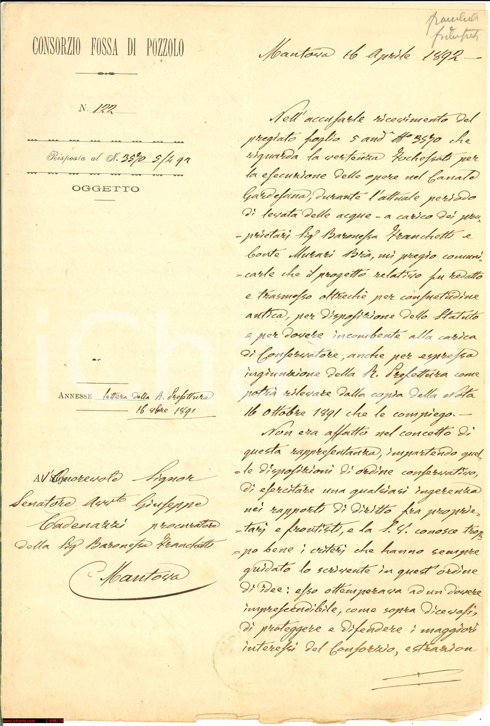 Documento originale, autentico 1892 MANTOVA Lite per opere sul Canale GARDESANA 1