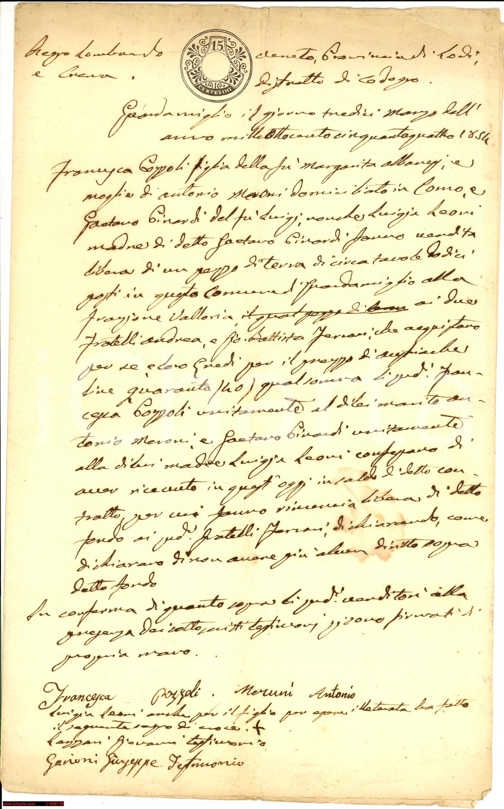 Documento originale, autentico 1854 GUARDAMIGLIO (LO) Francesca POZZOLI vende terra 1