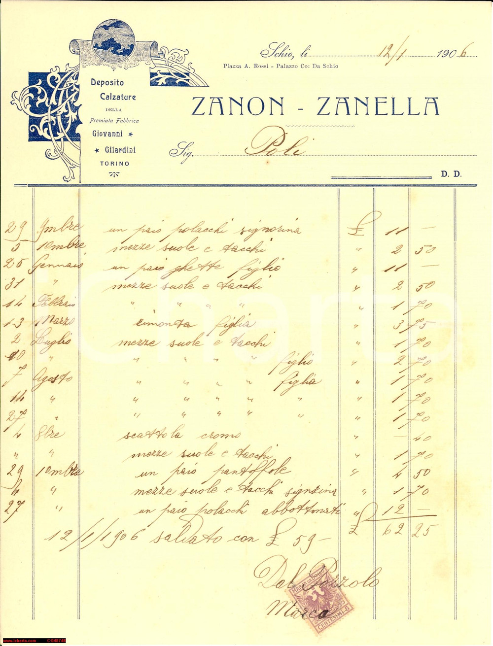 Documento originale, autentico 1906 SCHIO VI Antico conto calzolaio ZANONZANELLA 1