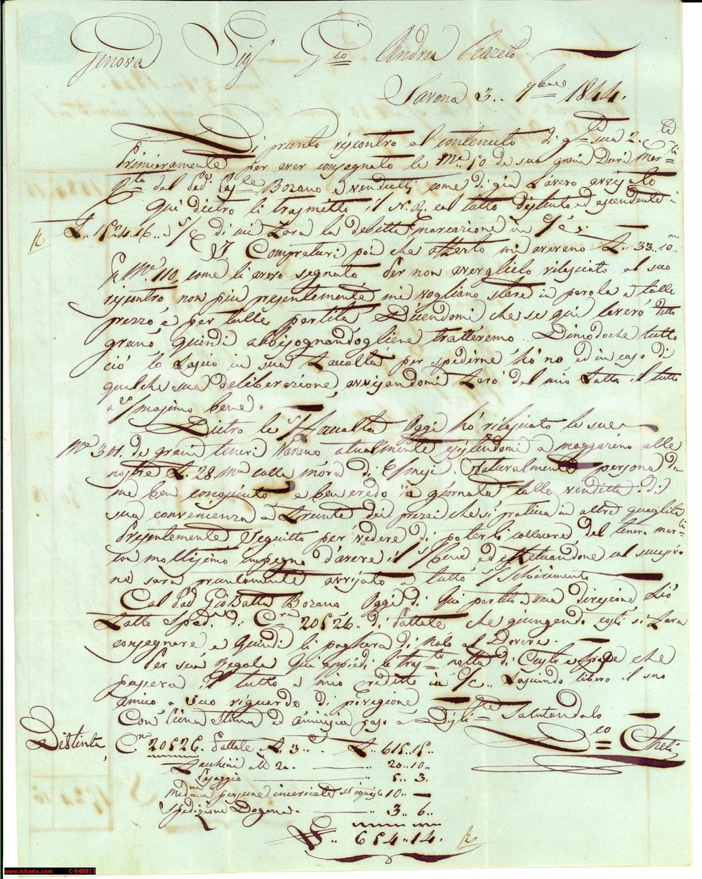 Manoscritto, lettera originale 1844 SAVONA Domenico CHETI vende grano tenero e patate 1