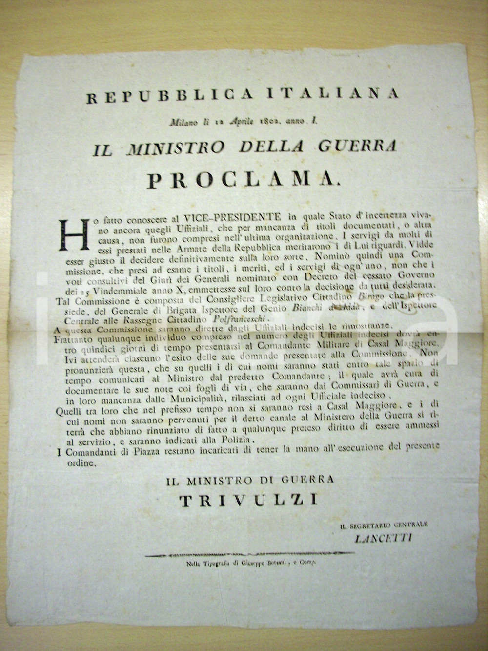 Documento originale, autentico 1802 MILANO REPUBBLICA ITALIANA Ricompensa ufficiali indecisi *MANIFESTO 1