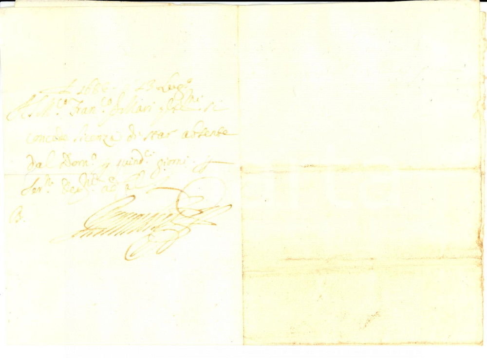 Documento originale, autentico 1686 MADRID (?) Licenza 15 giorni a Francesco SILLARI 1