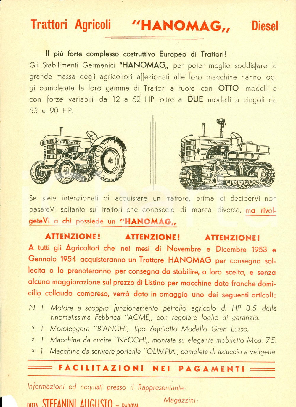Materiale pubblicitario d’epoca 1954 HANOMAG Trattori agricoli a ruote e cingolati ILLUSTRATO 1