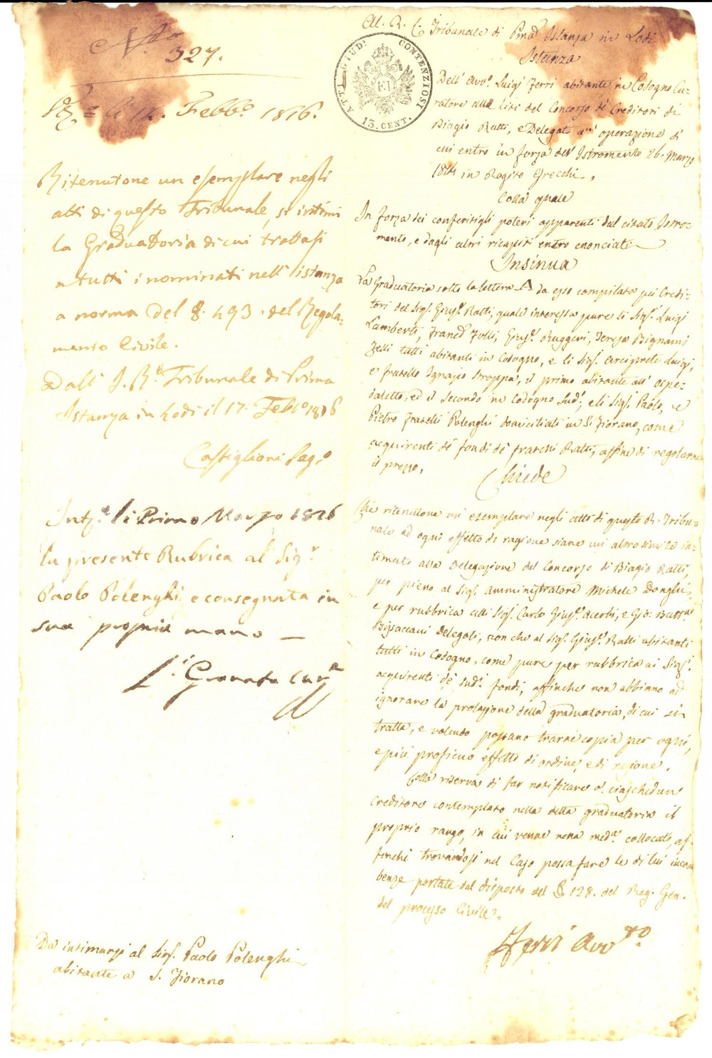 Documento originale, autentico 1816 CODOGNO (LO) Avvocato Luigi FERRI pro creditori Giuseppe RATTI *Manoscritto 1