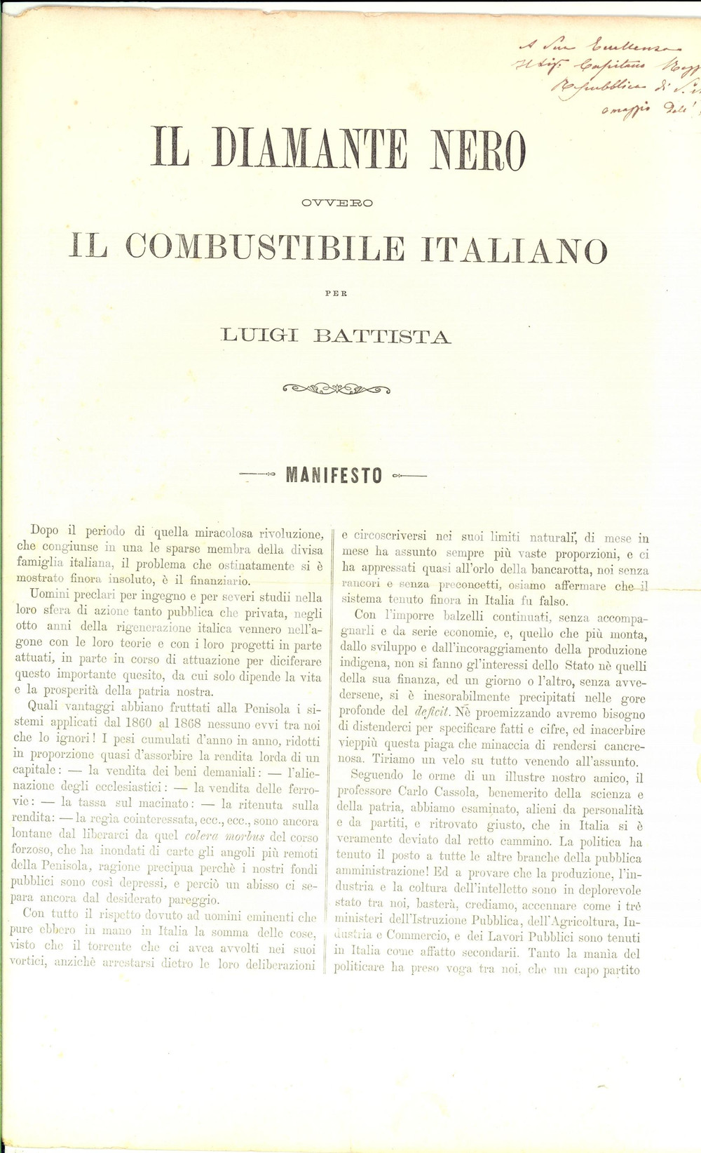 Documento originale, autentico 1868 FIRENZE Luigi BATTISTA Il diamante nero *Manifesto con AUTOGRAFO 1